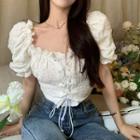 Puff-sleeve Lace Up Cropped Blouse White - One Size
