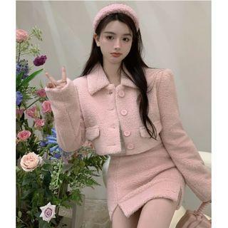 Fleece Cropped Button-up Jacket / Mini Pencil Skirt