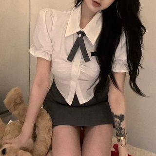 Short-sleeve Applique Shirt / Mini A-line Skirt