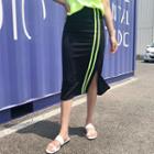 Slit-front Stripe-trim Midi Skirt