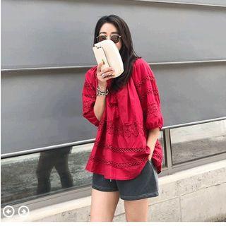 Puff-sleeve Lace-trim Top Red - One Size