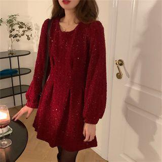 Long-sleeve Glitter Mini A-line Dress Red - One Size