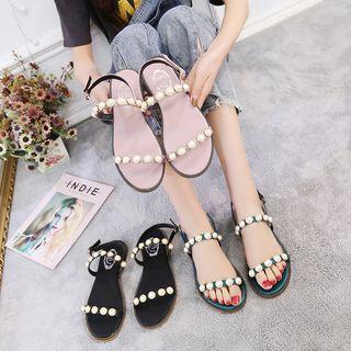Beaded Ankle Strap Flat Sandals