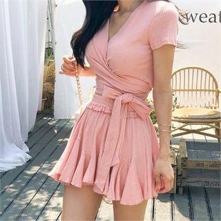 Set: Tie-waist Top + Inset Shorts Mini Skirt