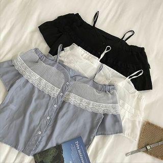 Lace Panel Off-shoulder Single-breasted Blouse