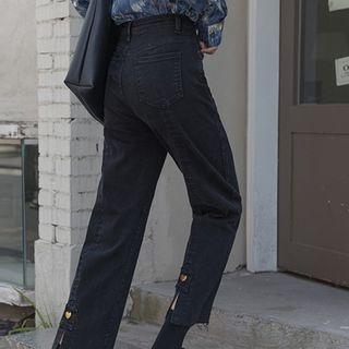 Heart Print Slit Straight Leg Jeans