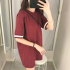 Loose-fit Color-block Short-sleeve Long Top