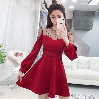 Long-sleeve Mesh Paneled A-line Mini Dress