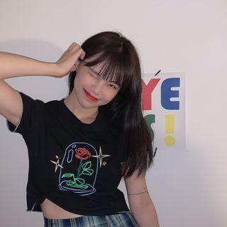 Short-sleeve Cartoon Print Crop Top / Plaid Mini Pencil Skirt
