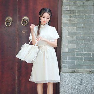 Mock Two-piece Floral Embroidered Short-sleeve A-line Dress