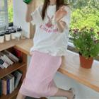 Short-sleeve Rabbit Print T-shirt / Shirred Midi A-line Skirt