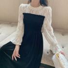 Long-sleeve Lace Panel Two Tone Midi Dress