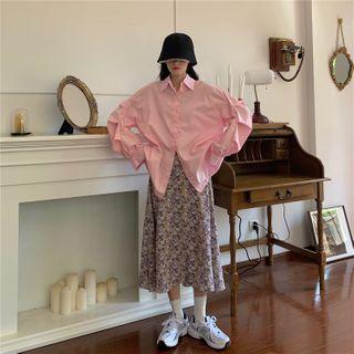 Plain Shirt / Floral Print Midi A-line Skirt