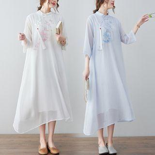 3/4-sleeve Embroidered Frog Button Midi Oversized Dress