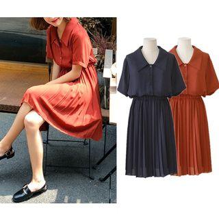 Plain Short-sleeve Pleated Chiffon Dress