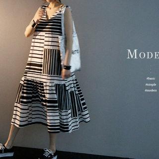 Sleeveless Ruffled Striped A-line Long Dress