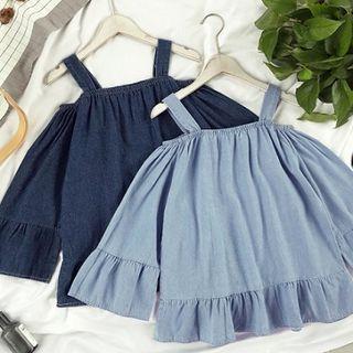 Ruffle Open Shoulder Bell-sleeve Denim Top