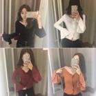 Ruffled V-neck Long-sleeve T-shirt