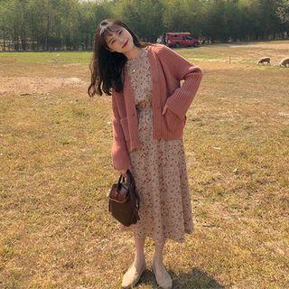 Long-sleeve Floral Midi A-line Dress / Cardigan