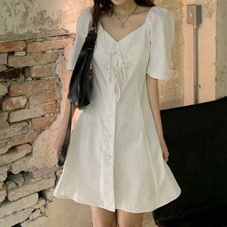 Short-sleeve Tie-front Mini A-line Dress White - One Size