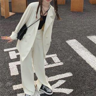 Plain Double-breasted Blazer / Wide-leg Pants