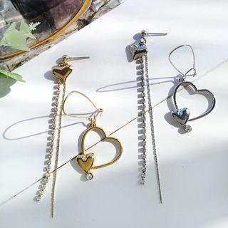 Non-matching Rhinestone Heart Drop Earring / Clip-on Earring