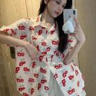 Elbow-sleeve Floral Shirt Red Flowers - Off-white - One Size