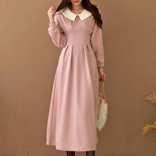 Contrast-collar A-line Long Dress