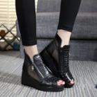 Genuine-leather Wedeg Peep-toe Cutout Sandals