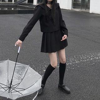 Long-sleeve Sailor Collar Shirt + Pleated Skirt