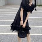Puff-sleeve Lace-trim A-line Dress Black - One Size