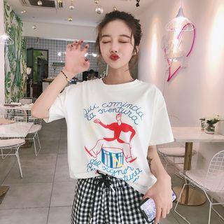 Printed Short-sleeve T-shirt / Gingham Drawstring Pants