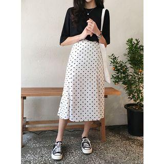 Band-waist Polka-dot Midi Skirt