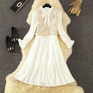 Set: Tie-neck Long-sleeve Midi A-line Dress + Button Tweed Vest