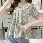 Set: Short-sleeve Floral Print Chiffon Top + Lace Shawl