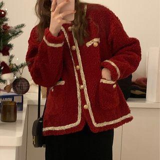 Single-breasted Contrast Trim Fleece Jacket