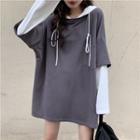 Mock-two Long-sleeve Loose-fit Hooded Pullover