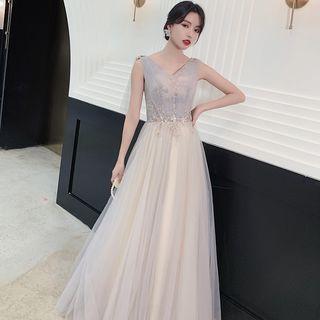 Rhinestone Floral A-line Mesh Evening Gown (various Designs)