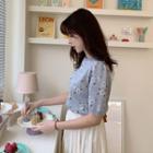 Short-sleeve Floral Knit Top Sky Blue - One Size