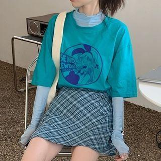 Elbow-sleeve Printed T-shirt / Long-sleeve Mesh Top / Plaid Mini A-line Skirt