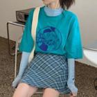 Elbow-sleeve Printed T-shirt / Long-sleeve Mesh Top / Plaid Mini A-line Skirt