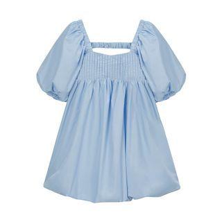Puff-sleeve Square-neck Plain Ruched Dress Blue - One Size