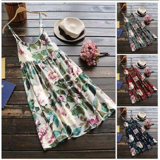 Flower Print Short-sleeve A-line Dress / Spaghetti Strap A-line Dress