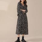 Long-sleeve V-neck Floral Print Chiffon Midi A-line Dress