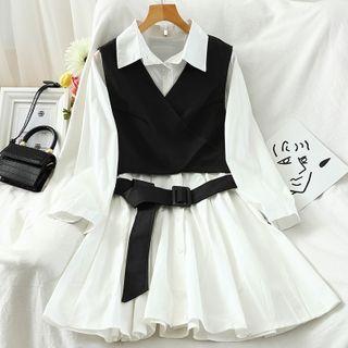 Set: Long-sleeve A-line Shirtdress + Belted Vest