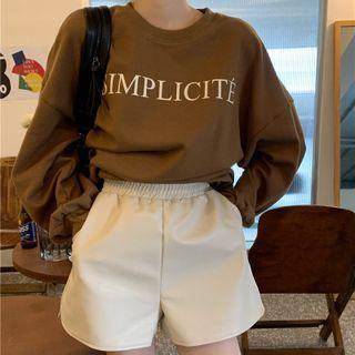 Lettering Long-sleeve Sweatshirt / Faux Leather High-waist Wide-leg Shorts