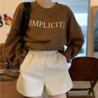 Lettering Long-sleeve Sweatshirt / Faux Leather High-waist Wide-leg Shorts