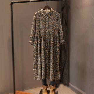 Long-sleeve Floral Midi Shirtdress Almond Floral - Blue - One Size