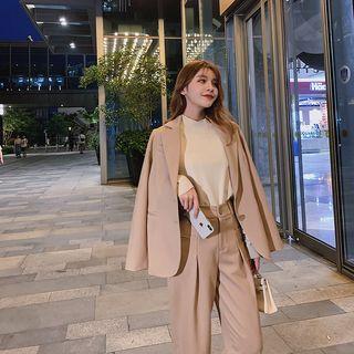 Set: Plain Single-breasted Blazer + High-waist Cropped Straight-fit Pants