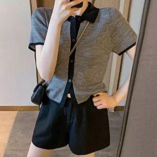Set: Short-sleeve Collar T-shirt + High Waist Wide Leg Shorts